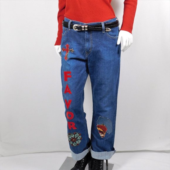 Upcycled Denim Boyfriend Blessed Patchwork Jeans 14 (123024) - Picture 3 of 5